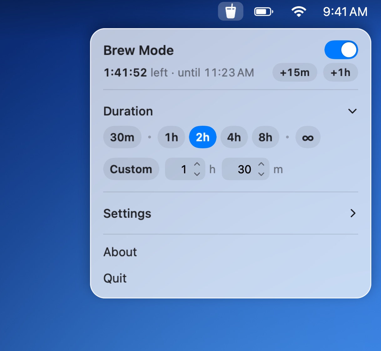Cold Brew's panel open under its cup in the menu bar, with Brew Mode on, 1 hour 41 minutes left, and buttons to add 15 minutes or an hour