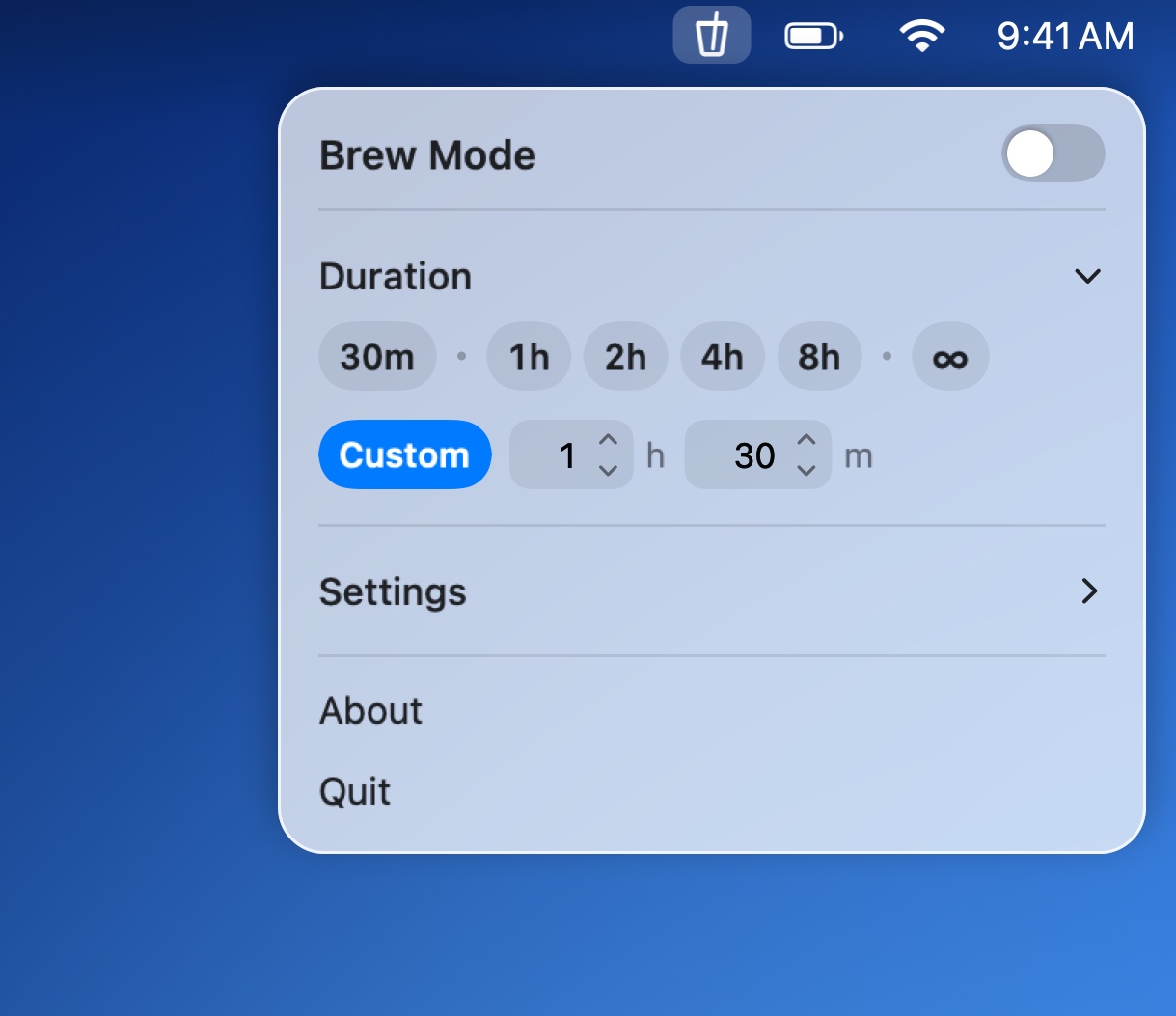 Cold Brew's panel in light mode, with the durations and a custom time
