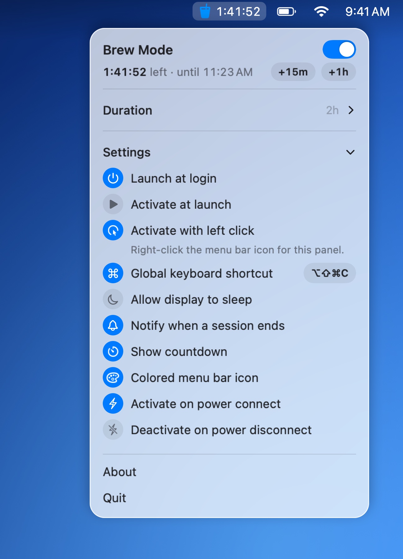 Cold Brew's settings: launch at login, a keyboard shortcut, a countdown and a blue cup in the menu bar, and the power options